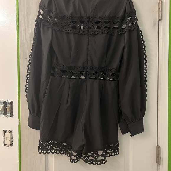 Black Lace Embellished Romper long sleeve - Picture 3 of 6